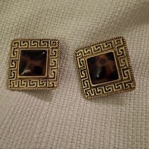 Greek Key Gold and Tortiseshell Square Clip Earrings